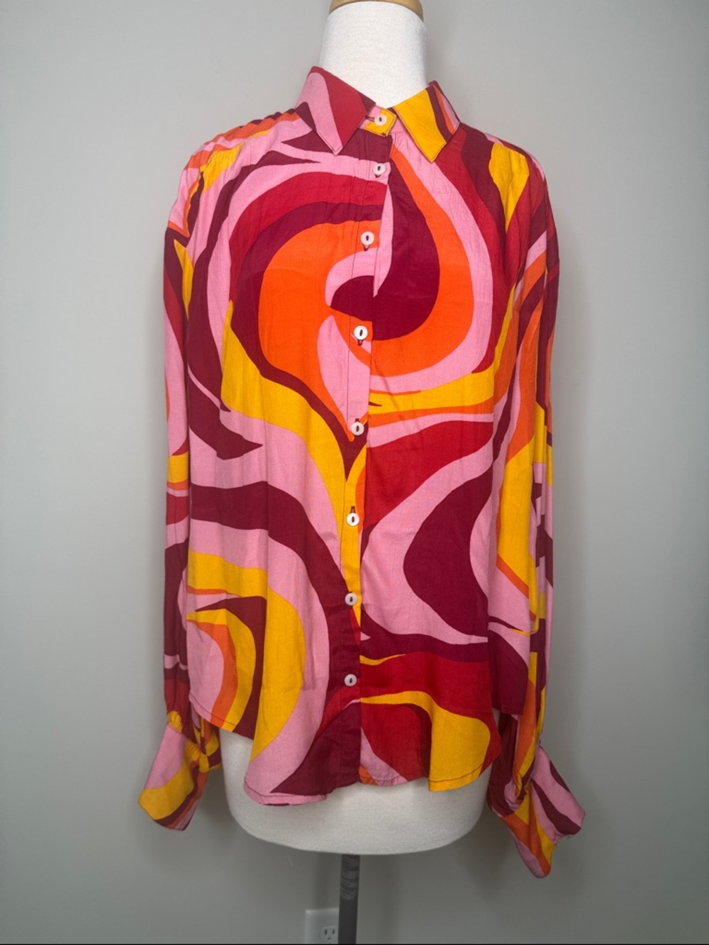 Free People Women's Multicolor Swirl Bold Printed Button-Up Oversized Size Small